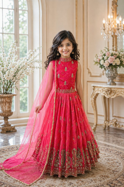 Evanik Pink Heavy Fox Georgette With Embroidered Work Kids Fancy Gown