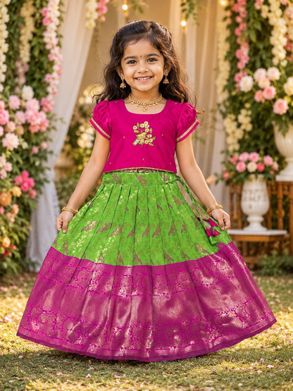 Evanik Parrot Pure Silk Zari With Heavy Maggam Work Lehenga Choli for Kids