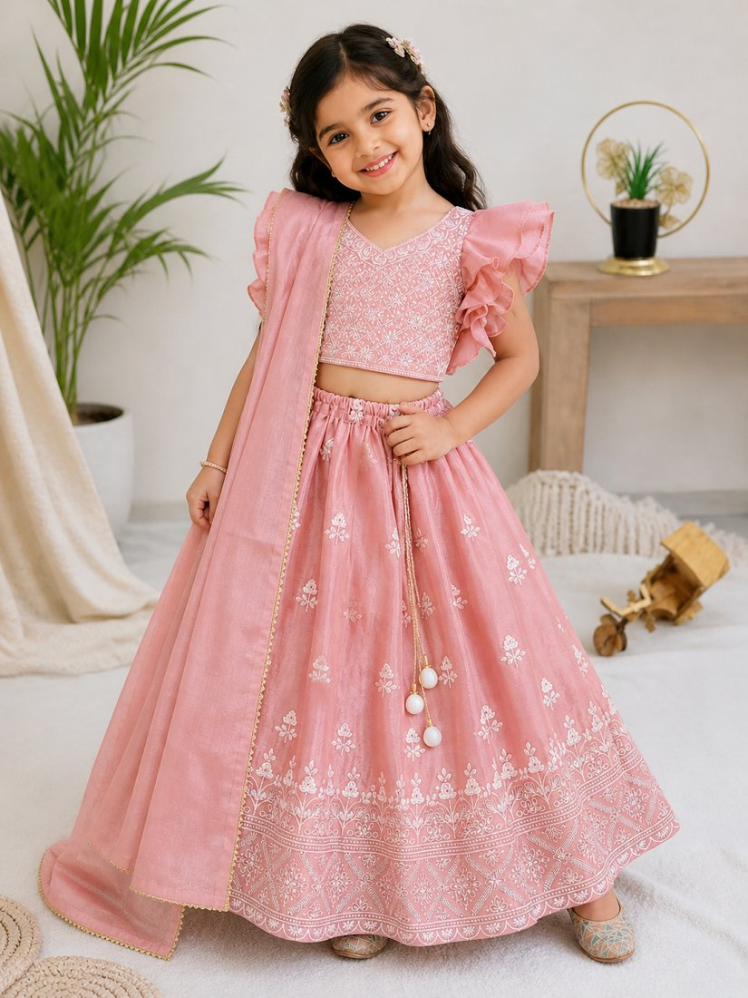 Evanik Peach Chinon Silk Frill Sleeve Design Lehenga Set for Kids