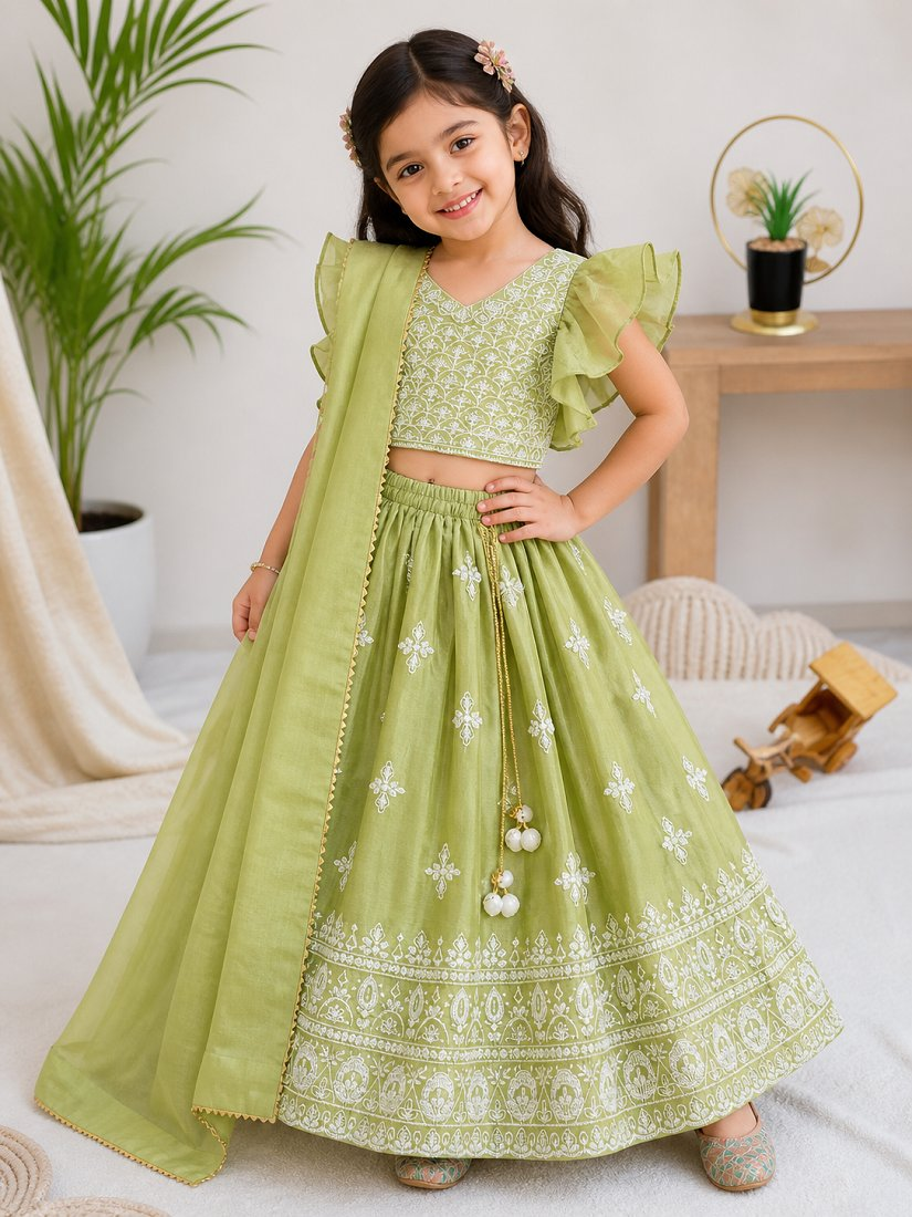 Evanik Parrot Green Chinon Silk Frill Sleeve Design Lehenga Set for Kids