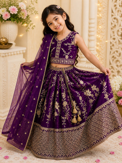 Evanik Purple Sequence Embroidered Lehenga Set for Kids