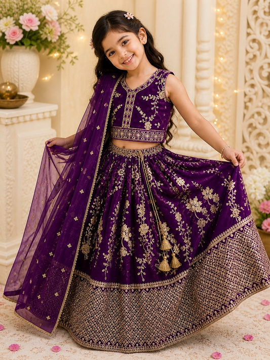 Evanik Purple Sequence Embroidered Lehenga Set for Kids