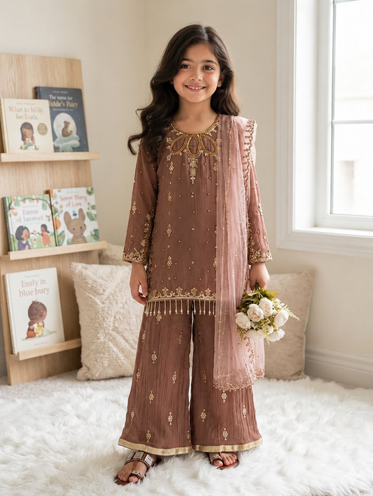 Evanik Brown Kids Faux Georgette Embroidered Work Kurta Palazzo Set