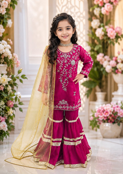 Evanik Designer Girls Ranipink Georgette Embroidered Kurta Gharara Set with Net Dupatta