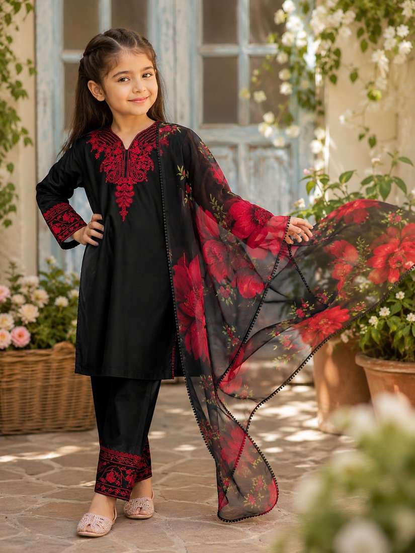 Evanik Premium Kids Black Silk-Blend Kurta Set with Maroon Embroidery Work and Dupatta
