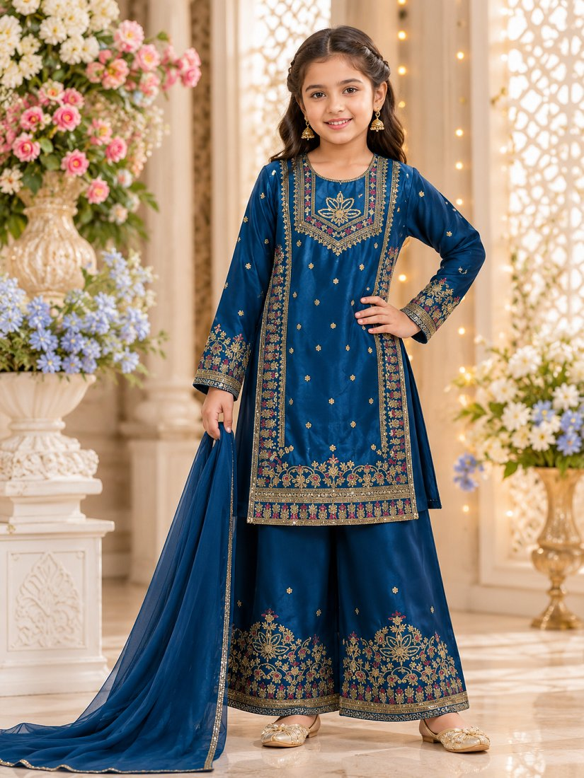 Evanik Royal Blue Embroidered Kids Palazzo Suit with Plain Dupatta PartyWear Ethnic Set for Girls