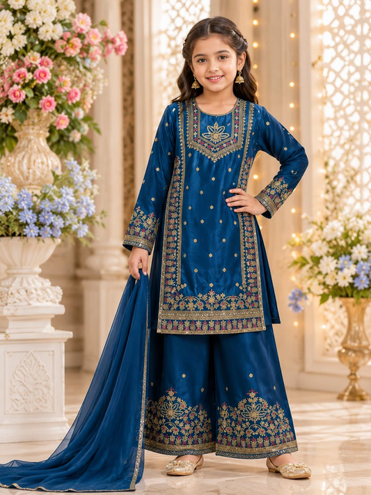 Evanik Royal Blue Embroidered Kids Palazzo Suit with Plain Dupatta PartyWear Ethnic Set for Girls