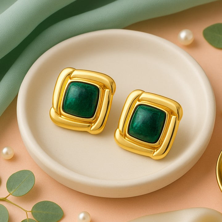 Gift Gold With Green Enamel Earrings