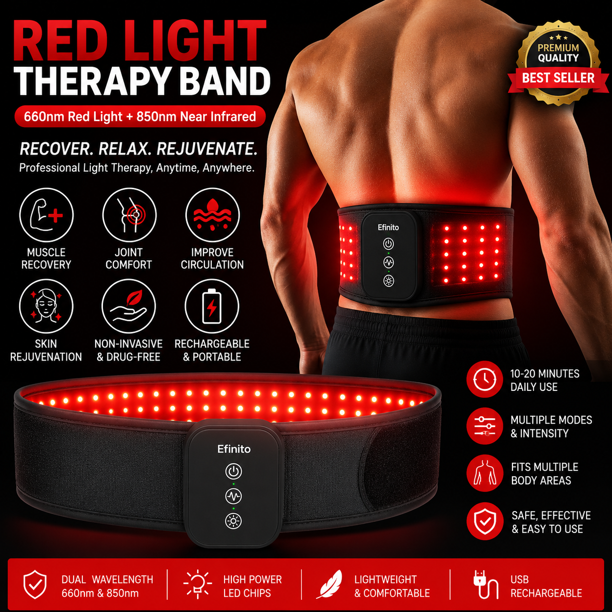 Red Light Therapy Band – 660nm Red & 850nm Near Infrared LED Adjustable Therapy Wrap for Muscle Recovery, Joint Comfort & Skin Wellness