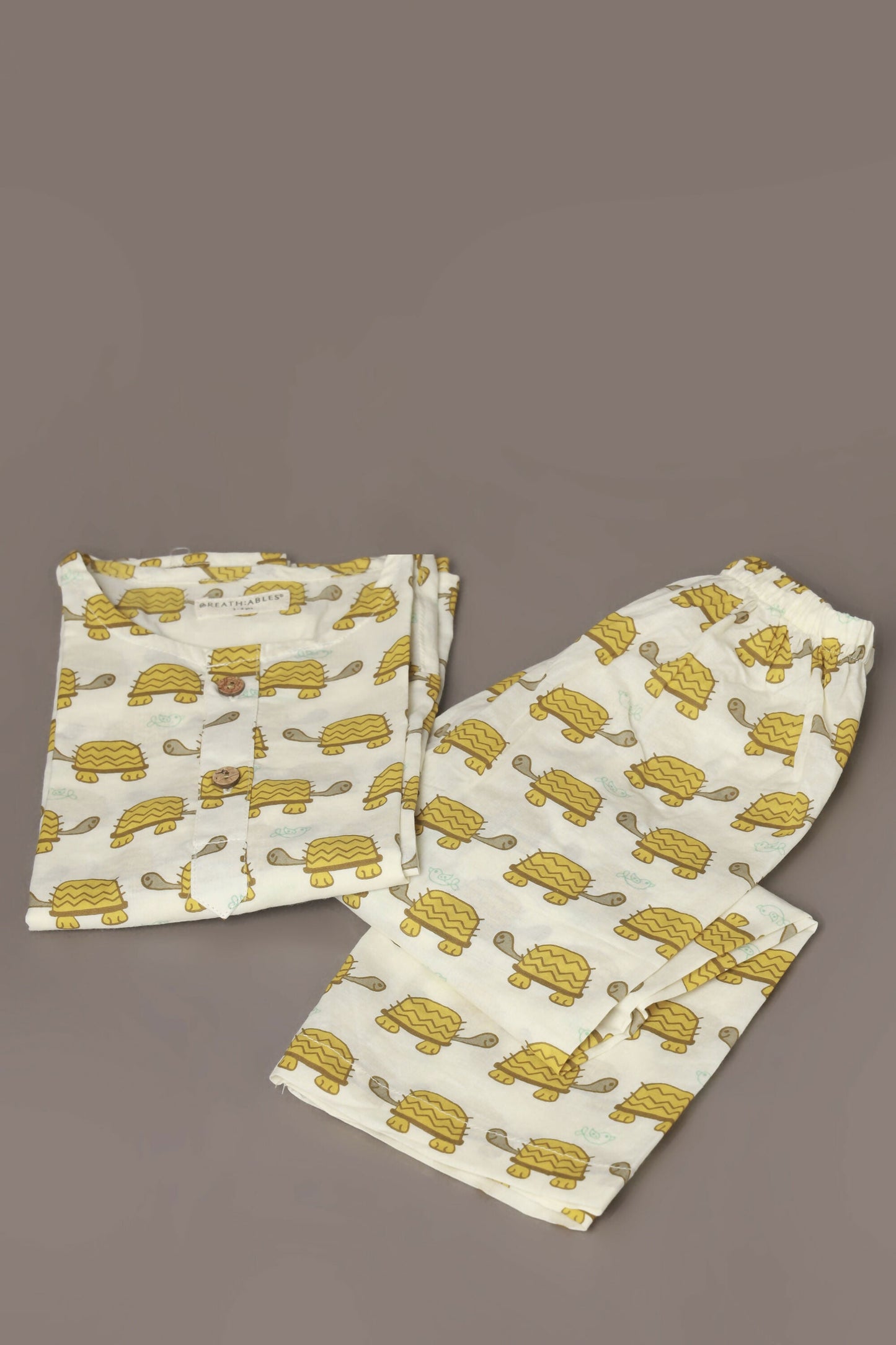 Breathables Kids Cotton Turtle Print Co-Ord Night Suit With Kurta And Pyjama  White & Yellow