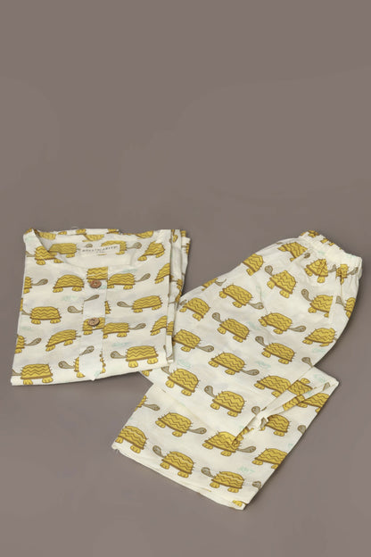 Breathables Kids Cotton Turtle Print Co-Ord Night Suit With Kurta And Pyjama  White & Yellow