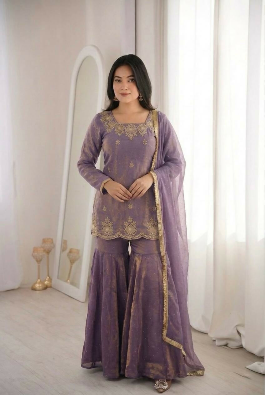 Teeya Creation Womens New Fancy Embroidery Sequence Work With Zarkan Diamond Work Lavender Kurta Set