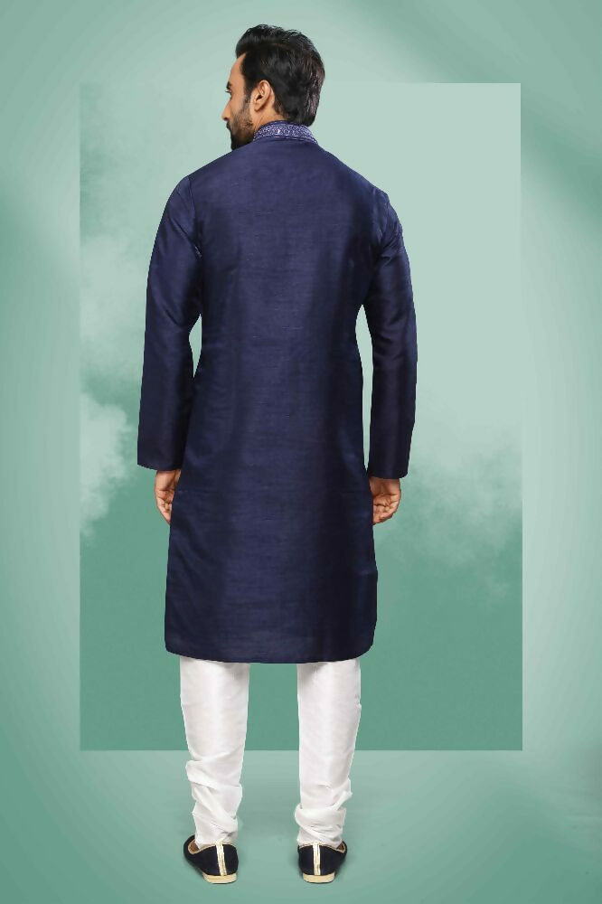 Raivat Ethnic Art Silk Mirror Embroidery Work Kurta Pajama In Blue Colour