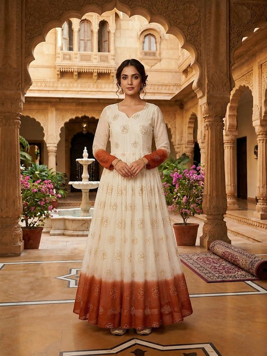 Teeya Creation Rust and White Gradient Anarkali Gown with Gold Floral Motifs
