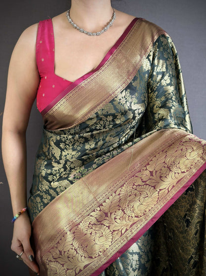 Prime Volt Pure Handloom Kanjivaram Katan Silk Saree with Antique Zari & Contrast Pallu-Green