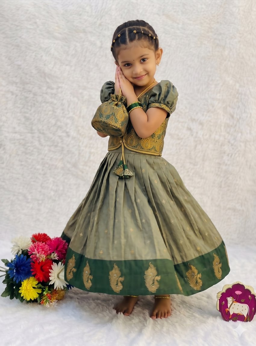 Teeya Creation New Trendy Girls Sage Green Silk Traditional Lehenga Choli Set-Green