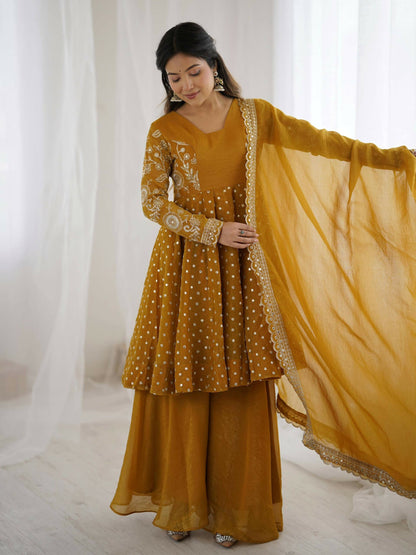Teeya Creation Women'S New Trendy Embroidery Sequence Work Yellow Kurta Set