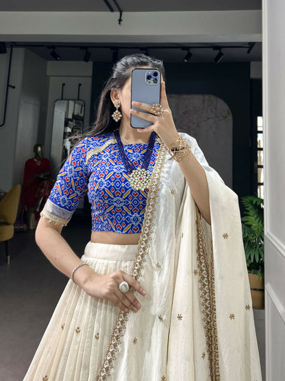 Lorenvalley Fashion White Vichitra Silk Sequins and Thread Embroidery Work Lehenga Choli with Dupatta