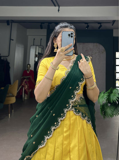 Lorenvalley Fashion Yellow Cotton Silk Zari Weaving Work Lehenga Choli with Dupatta