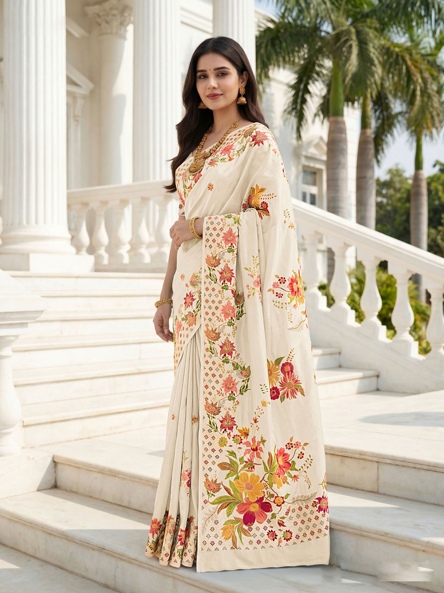 Aastha Fashion Cream Premium Russian Silk Designer Floral Position Print Saree