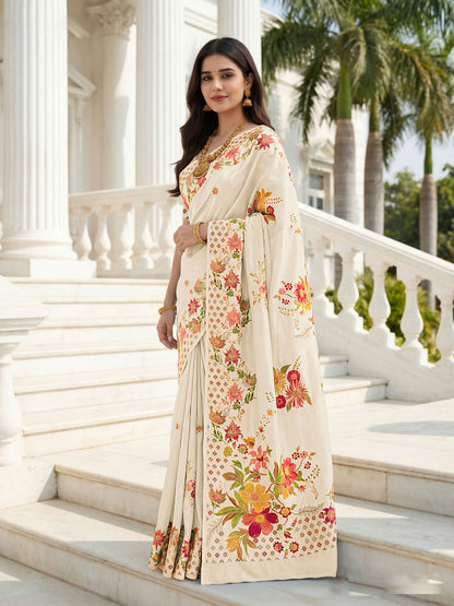 Aastha Fashion Cream Premium Russian Silk Designer Floral Position Print Saree