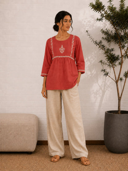 Gharana India Saheba Chikankari Red Cotton Top