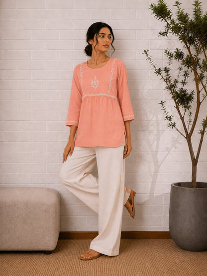 Gharana India Saheba Chikankari Peach Cotton Top