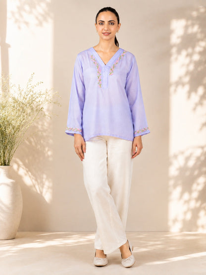 Gharana India Modal Lavender Top With Chikankari In Coloured Thread