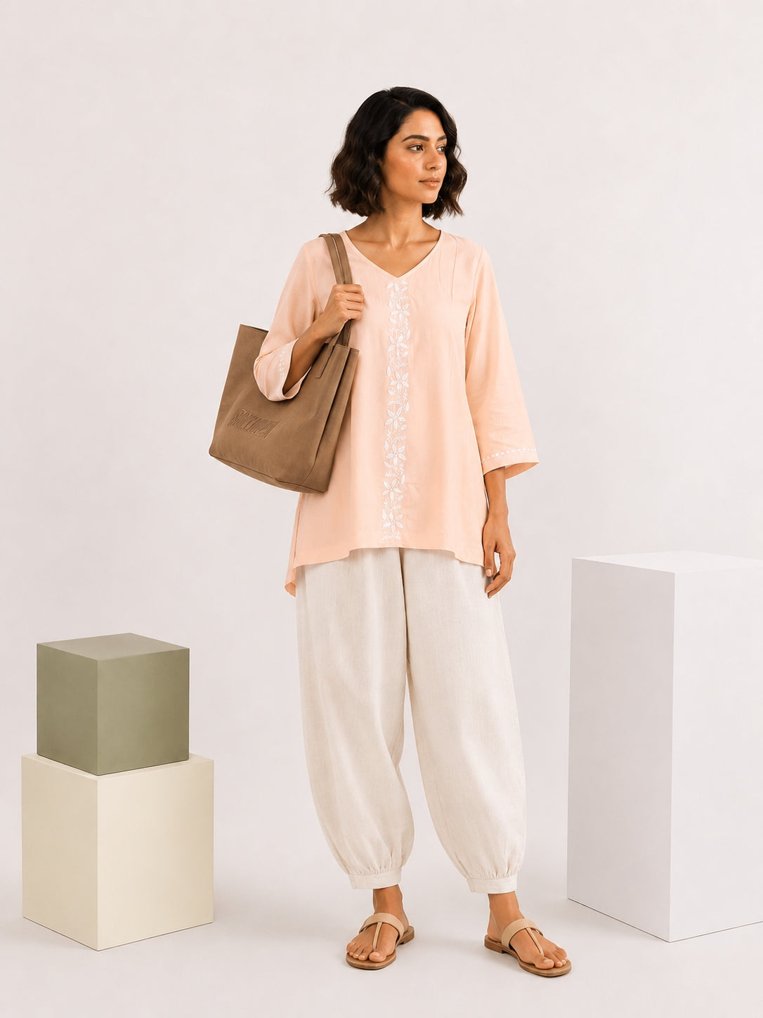 Gharana India Luxury Rayon Peach Coloured Chikankari Top