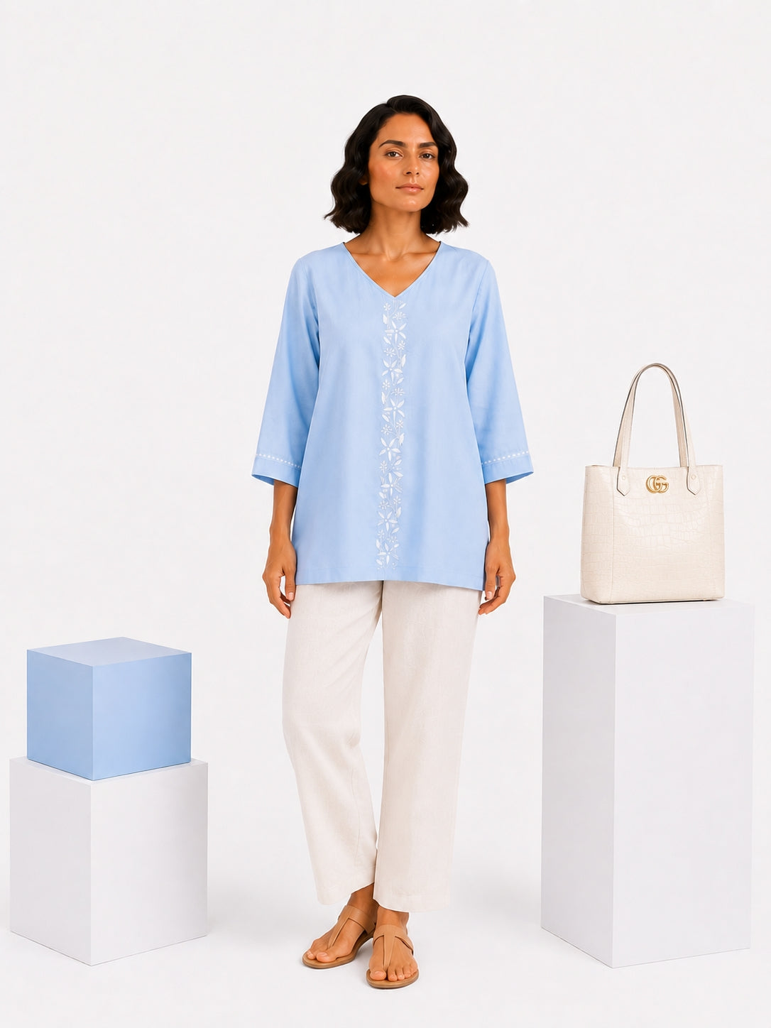Gharana India Luxury Rayon Powder Blue Coloured Chikankari Top