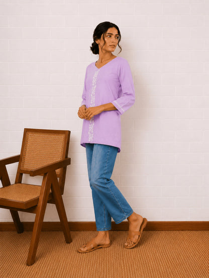 Gharana India Luxury Rayon Lilac Coloured Chikankari Top