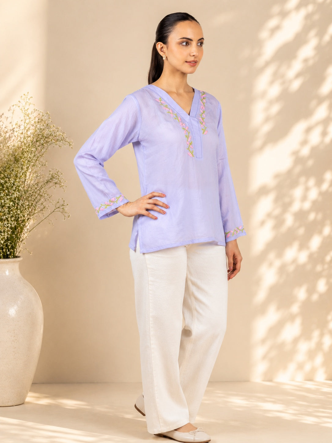 Gharana India Modal Lavender Top With Chikankari In Coloured Thread