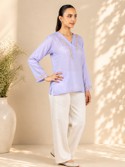Gharana India Modal Lavender Top With Chikankari In Coloured Thread