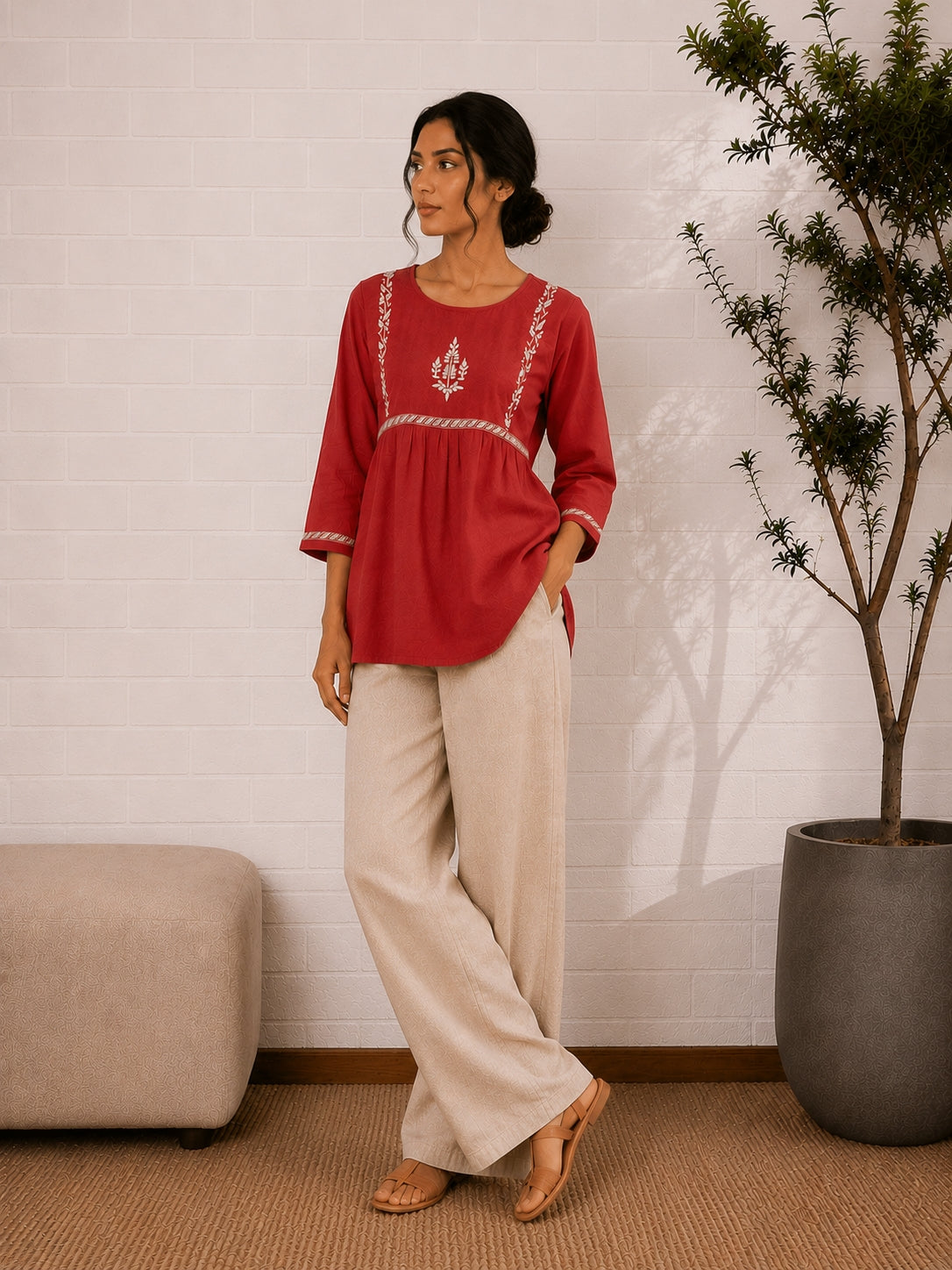 Gharana India Saheba Chikankari Red Cotton Top