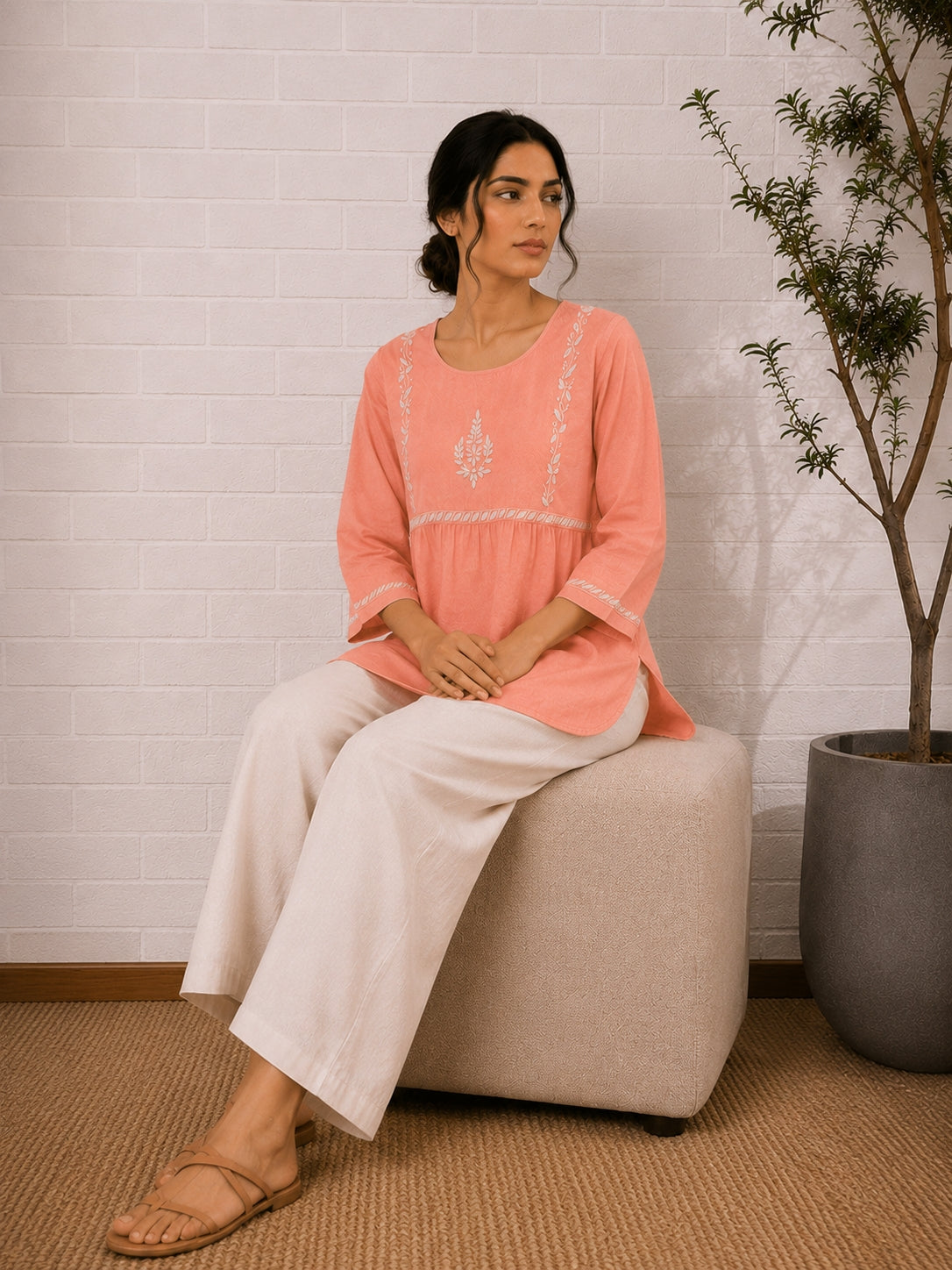 Gharana India Saheba Chikankari Peach Cotton Top
