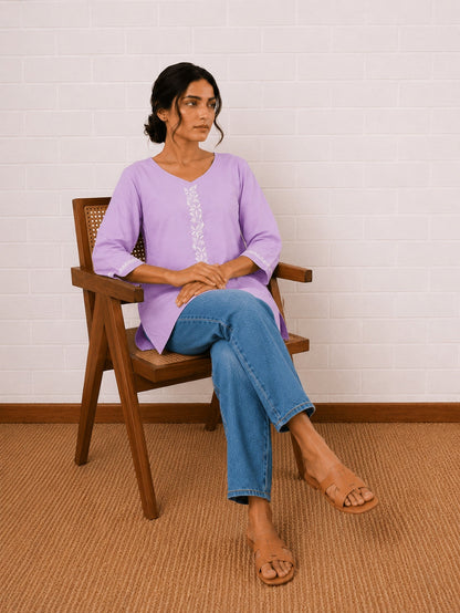 Gharana India Luxury Rayon Lilac Coloured Chikankari Top