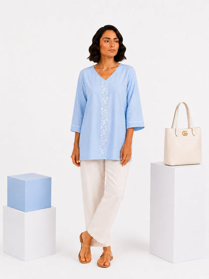 Gharana India Luxury Rayon Powder Blue Coloured Chikankari Top