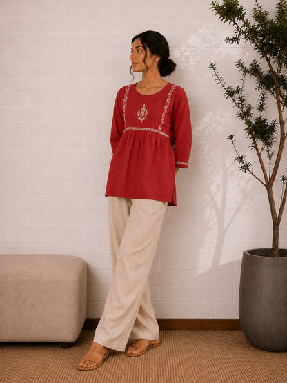 Gharana India Saheba Chikankari Red Cotton Top
