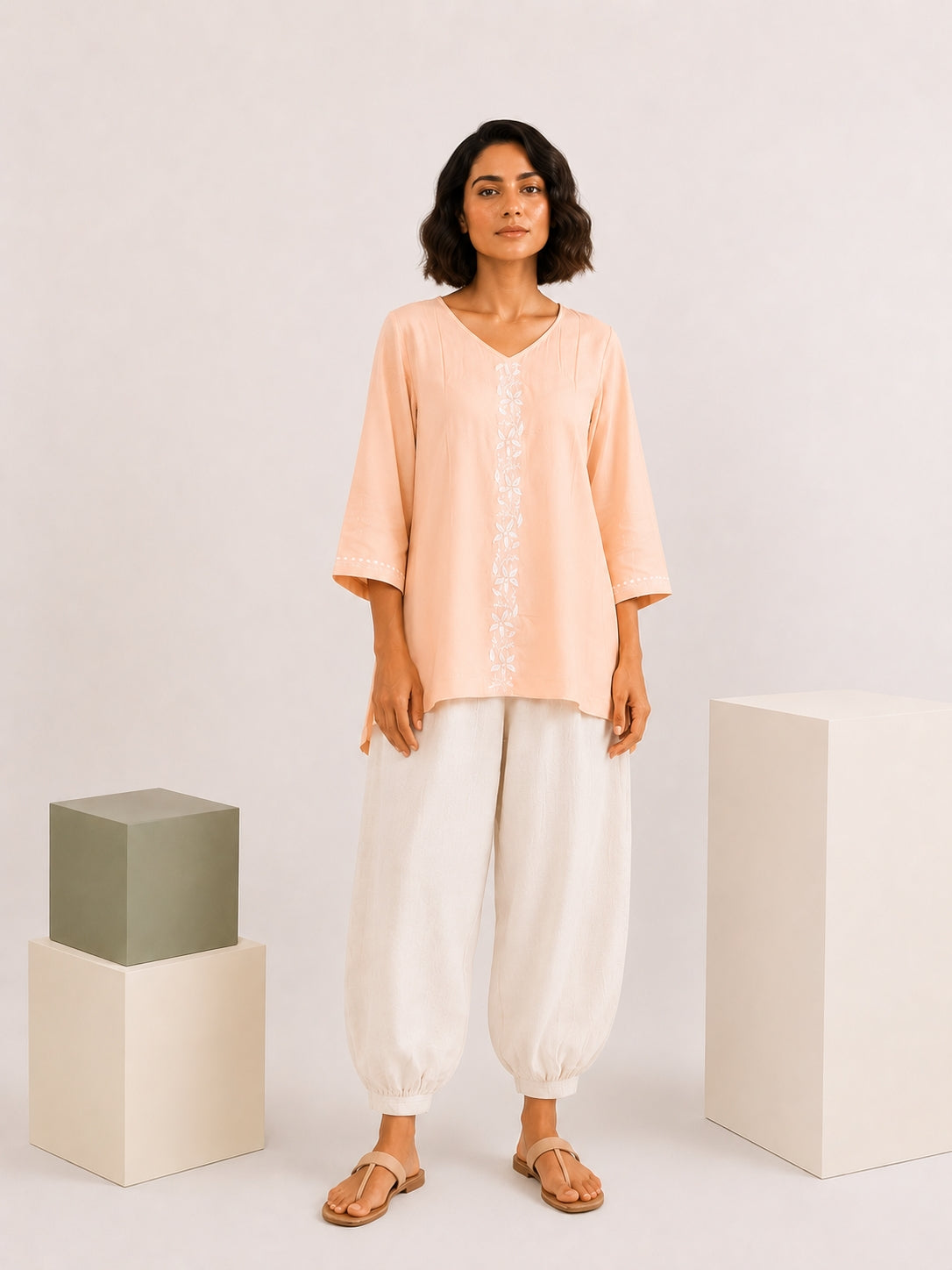 Gharana India Luxury Rayon Peach Coloured Chikankari Top