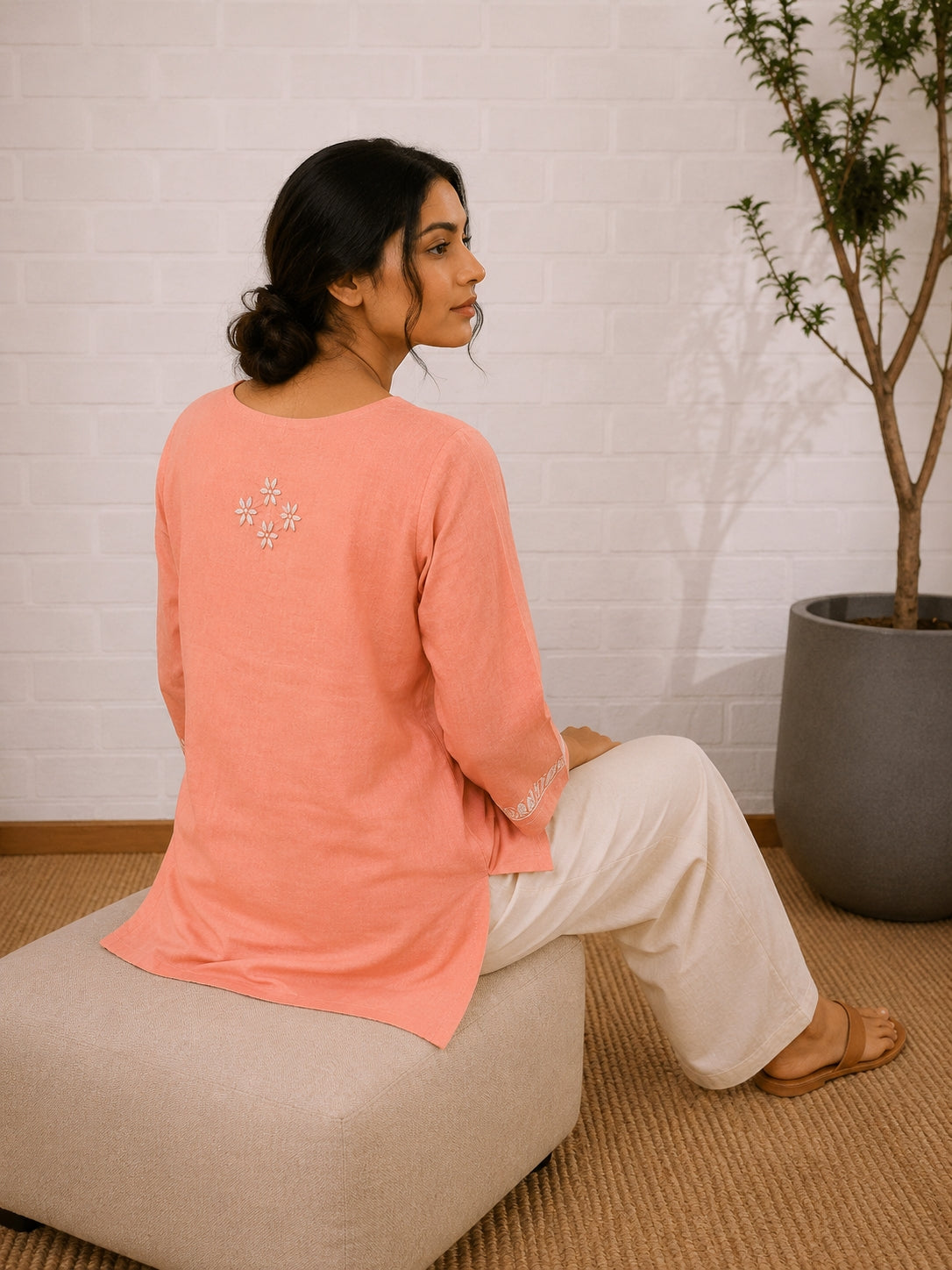Gharana India Saheba Chikankari Peach Cotton Top