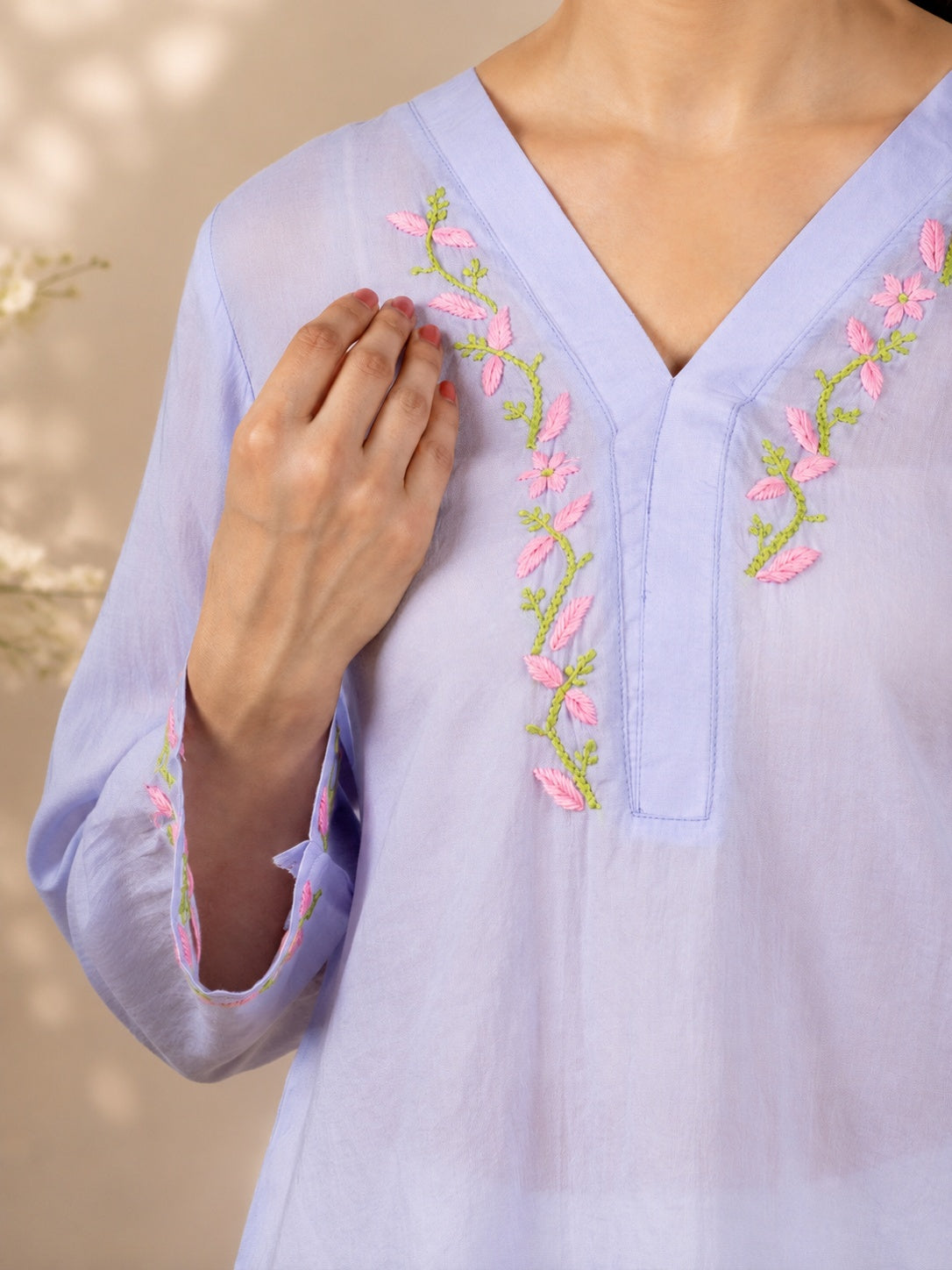 Gharana India Modal Lavender Top With Chikankari In Coloured Thread