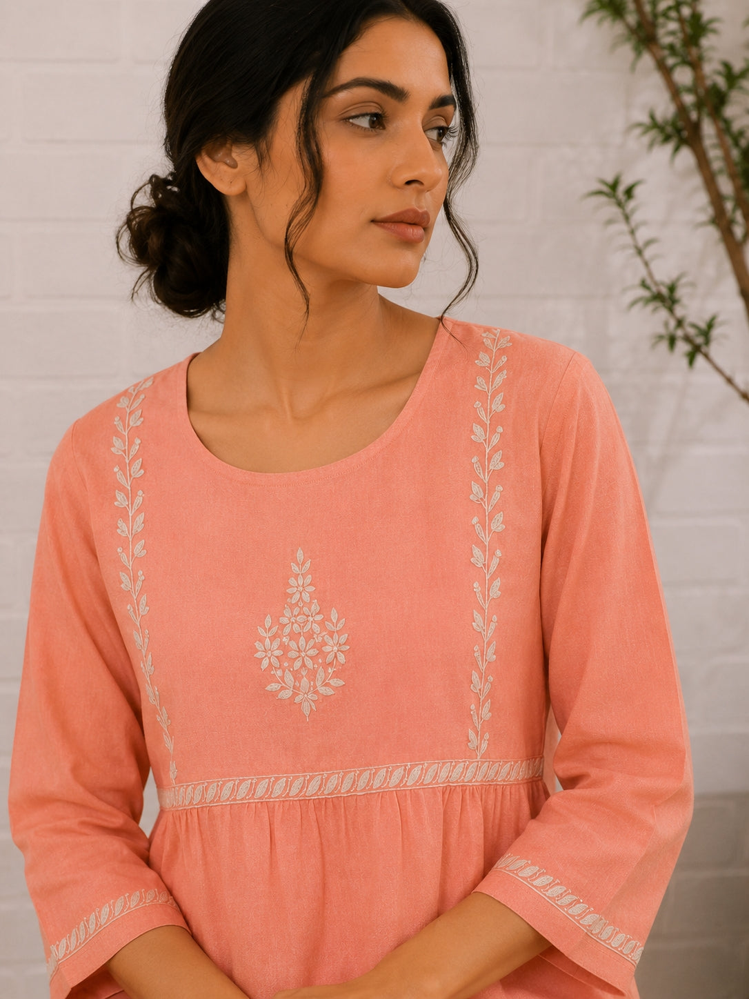 Gharana India Saheba Chikankari Peach Cotton Top
