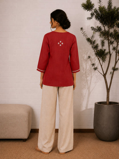Gharana India Saheba Chikankari Red Cotton Top