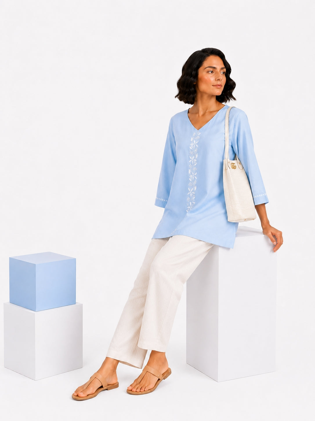 Gharana India Luxury Rayon Powder Blue Coloured Chikankari Top