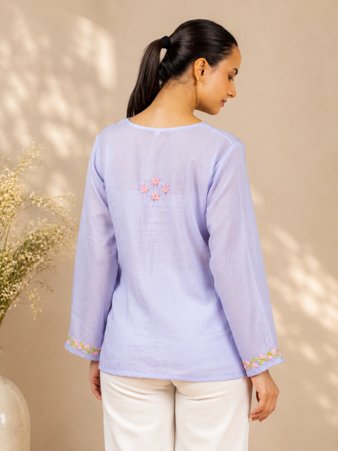 Gharana India Modal Lavender Top With Chikankari In Coloured Thread