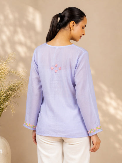 Gharana India Modal Lavender Top With Chikankari In Coloured Thread