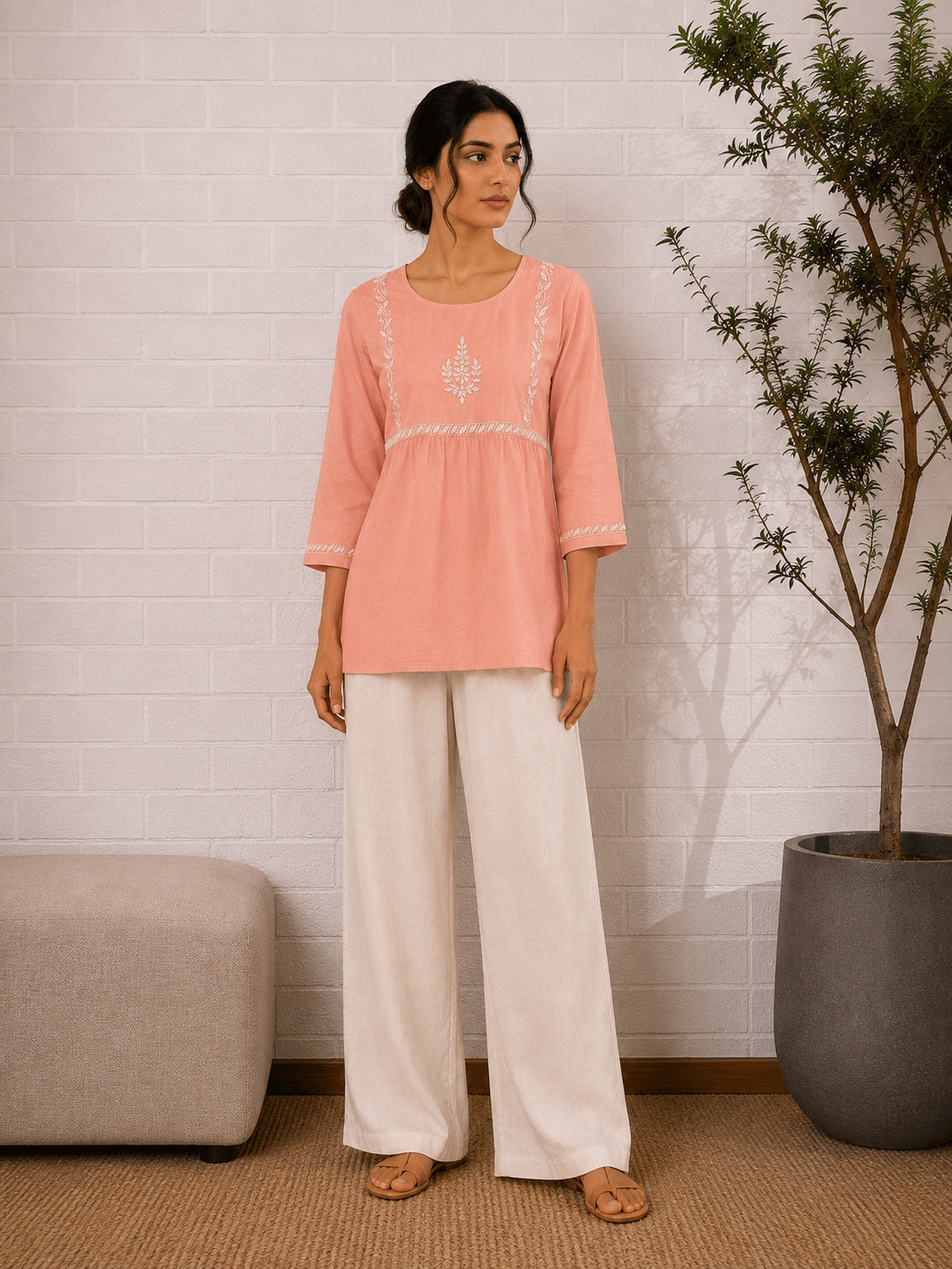 Gharana India Saheba Chikankari Peach Cotton Top