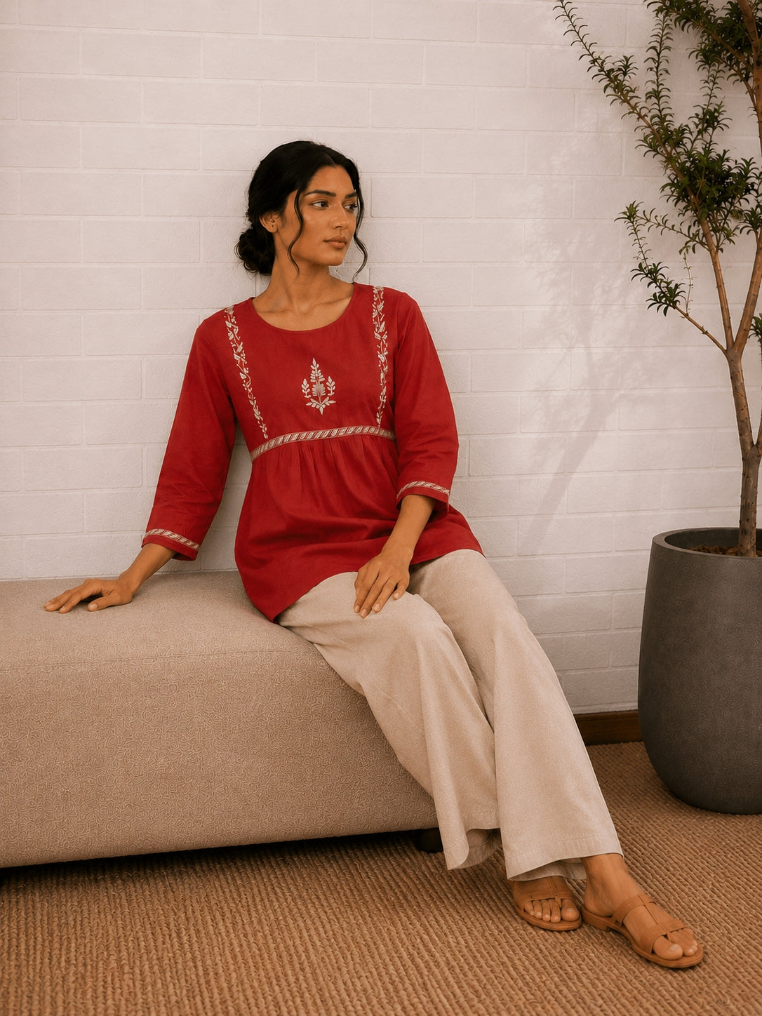 Gharana India Saheba Chikankari Red Cotton Top