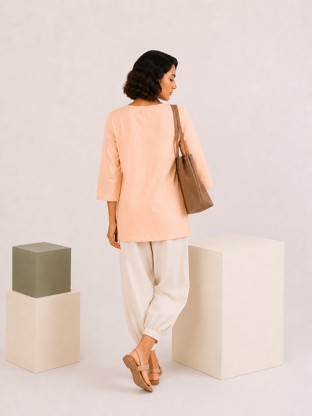 Gharana India Luxury Rayon Peach Coloured Chikankari Top