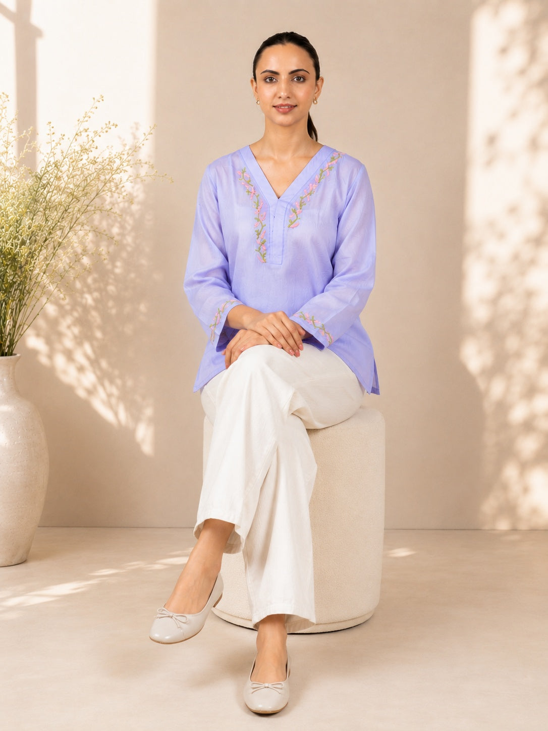 Gharana India Modal Lavender Top With Chikankari In Coloured Thread